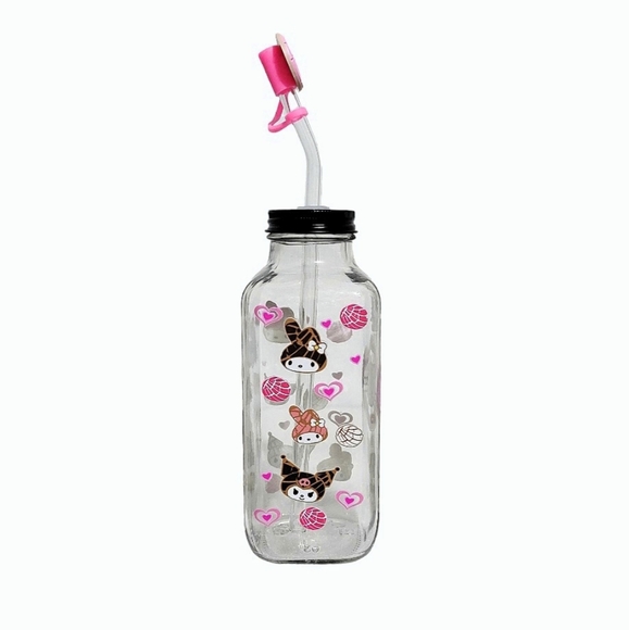Hello Kitty Glass Bottle Iced Coffee Cup 16oz Pink Black Mexican Concha Design - Picture 3 of 7